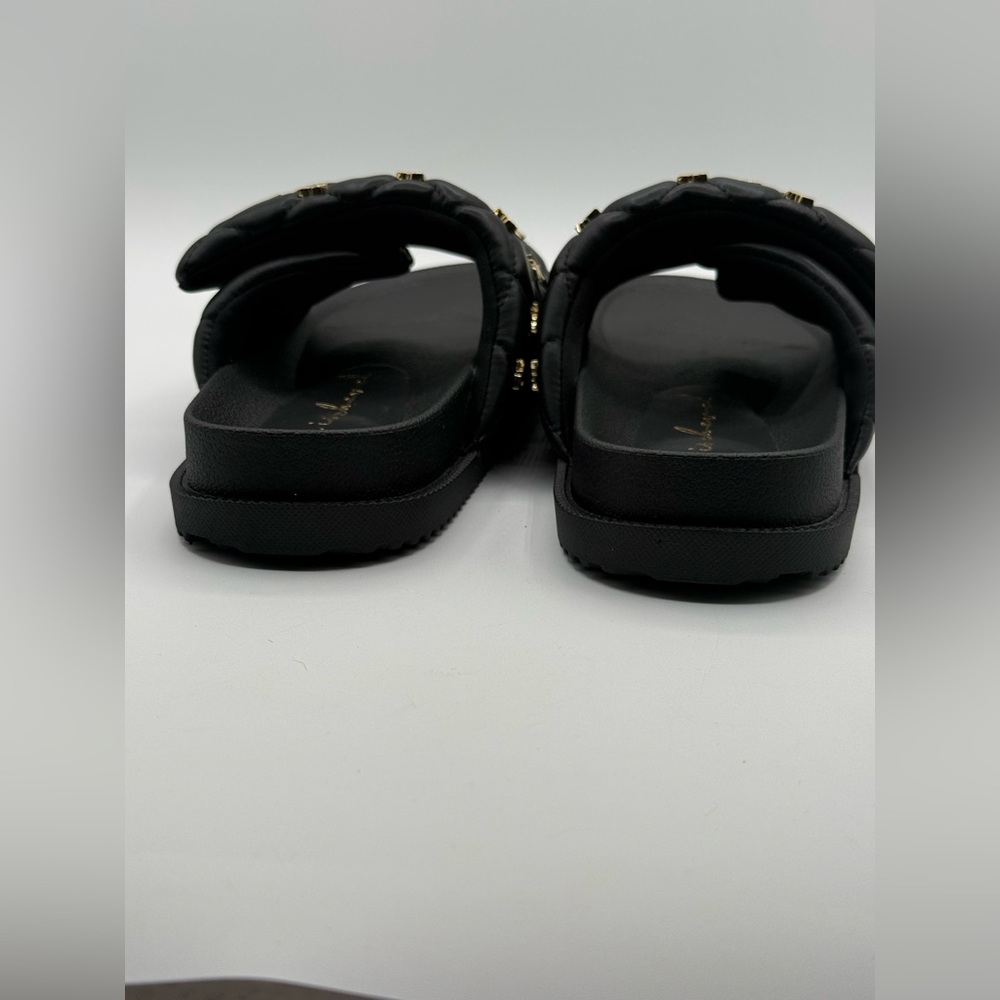 She Is Cheval Black Quilted Slide Sandals W/Gold Accents Comfort Designer Style - Picture 6 of 17